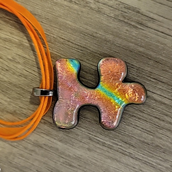 Autism Awareness Orange Multi Fused Glass Handmade Artisan Puzzle Pendant - Picture 5 of 7